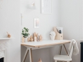 A Frame Desk | Neutral Desk Accessories | White Desk Chair | Statement Wall Light | A modern neutral millennial pink bedroom for children with handmade furniture, personalised artwork and statement lighting.